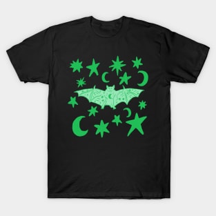 Cute Vampire Bat with Stars and Moons, Green T-Shirt